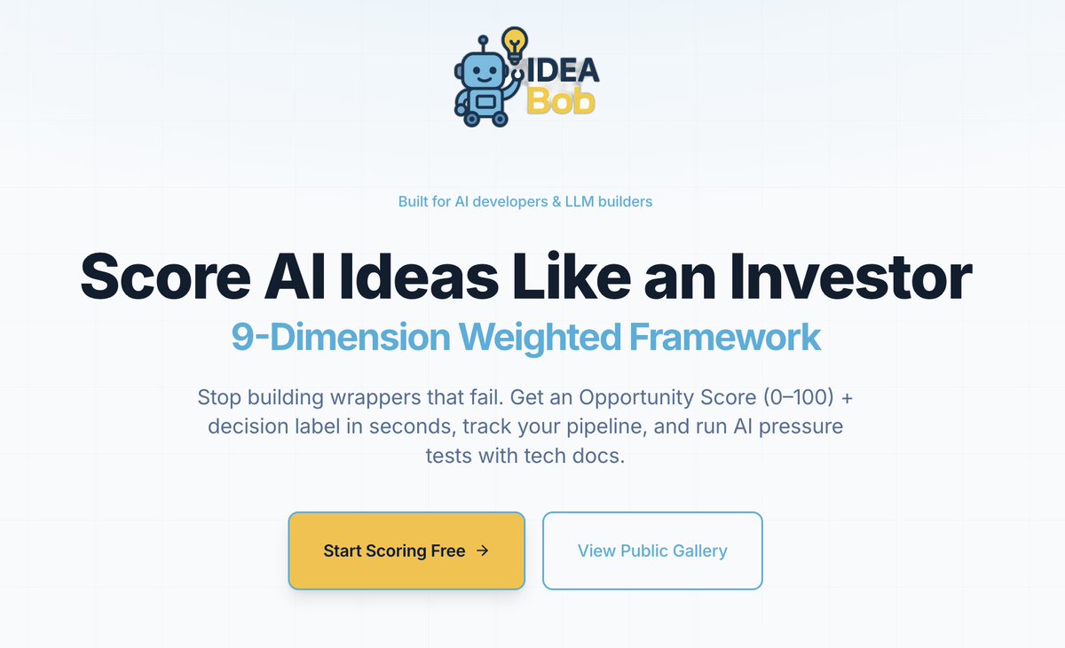 paulrodturner's tweet photo. Stop building AI wrappers nobody wants.
Score your idea across 9 dimensions, pressure test it like Paul Graham would, and get a GO/NO-GO verdict — all before writing a single line of code.
Free to start → https://t.co/3EnEba6IbI
#aiwrapper #ideas #aibuilders https://t.co/wNpLJgxKcY