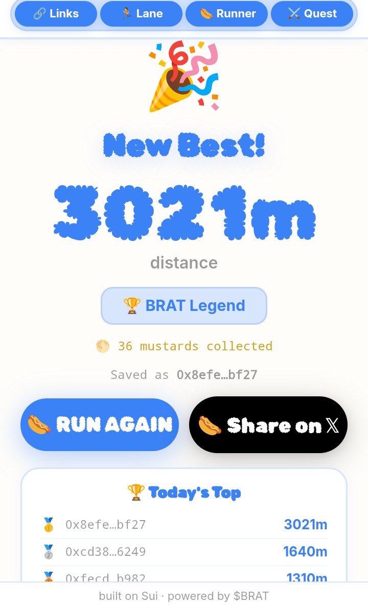 misterb_888's tweet photo. I ran 3021m on BRAT Runner ๐ญ๐ (new best! ๐)
Play on Sui ๐ https://t.co/BbX55bCLyw
@SuiNetwork @Bratonsui
#BRAT #Sui #solana #memecoin #P2E #monad #mexc https://t.co/cA8nFMkmM0