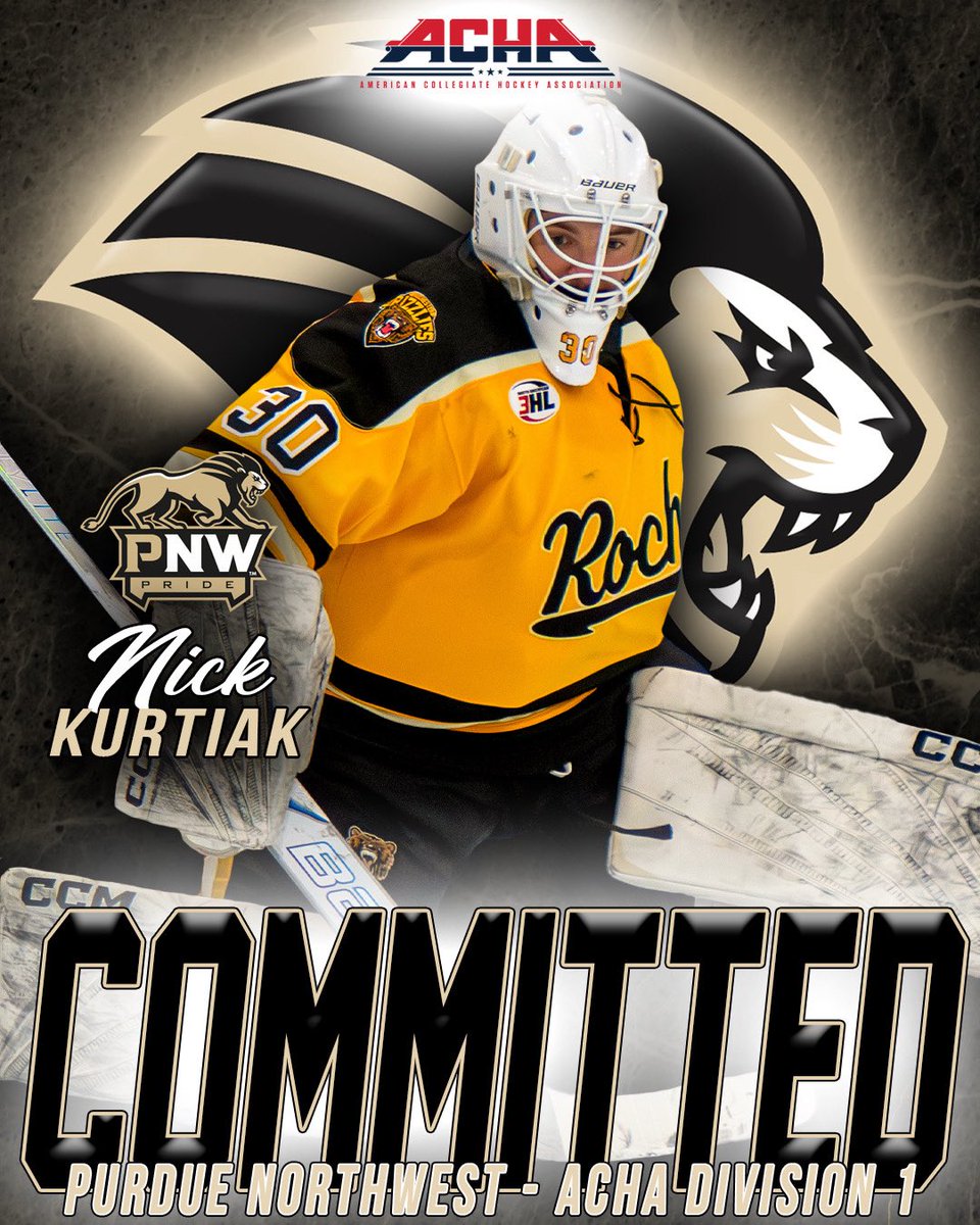 RochesterGrizz's tweet photo. Grizzlies Goaltender, Nick Kurtiak, has committed to play college hockey at Purdue Northwest University; ACHA D1

Nick spent 2 of his 3 junior seasons with the Grizzlies, amassing a 27-12-1 record, 2.72 GAA, and an .898 SV%!

🐻 2025-26 Grizz Current/Alumni Commitment Counter: 5 https://t.co/L7wMimJAUG