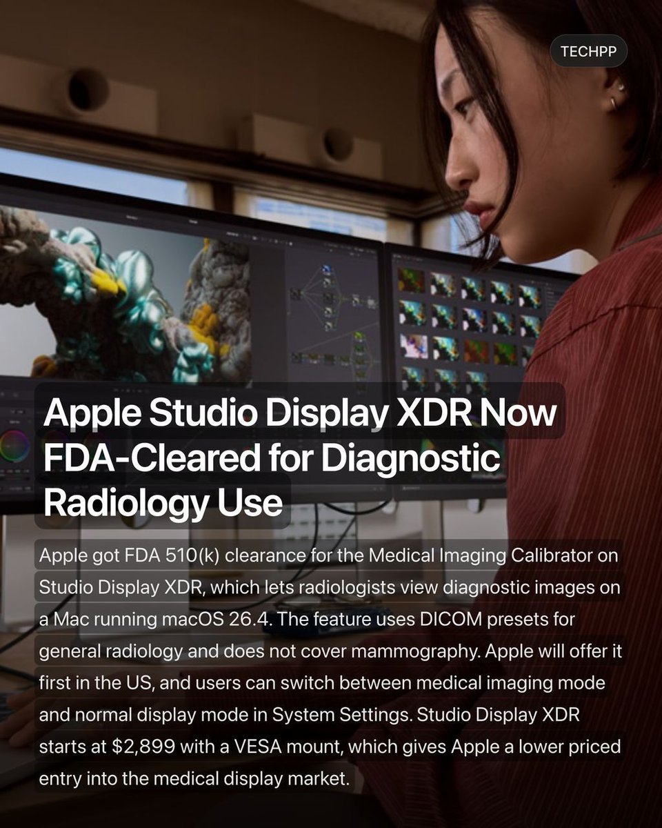 techpp's tweet image. Apple Studio Display XDR Now FDA-Cleared for Diagnostic Radiology Use

#Apple #Studio #XDR #FDACleared #StudioDisplayXDR #FDA #Radiology #Mac #HealthcareTech #TechNews
