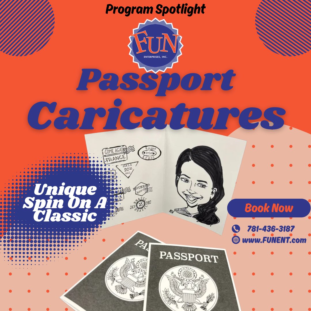 FunEnterprises's tweet image. Passport Caricatures are a unique spin on your favorite program!
Interested in booking? 
Call us at 781-436-3187

#WeBringTheFUN #FUNTimes #FUNOnCampus #CorporateFUN #Caricatures #Passport #Travel #TradeShow #AroundTheWorld #Novelty #Events #EventPlanning #Artist #Entertainment