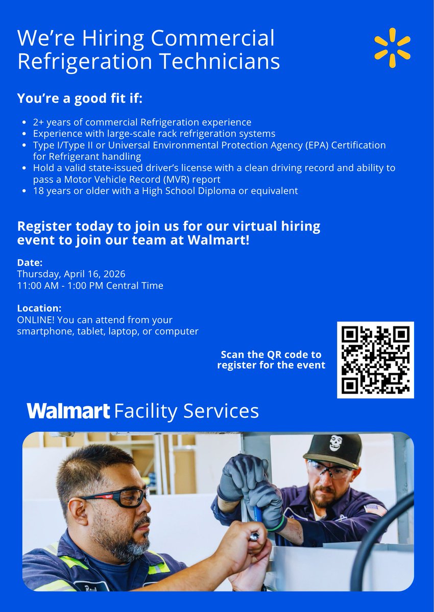 WalmartHiring's tweet photo. We have a Commercial Refrigeration Technicians virtual hiring event for Walmart coming up soon!

Learn more and register here: 
https://t.co/Gd16bxKcRD

#hiring #jobsearch #newopportunities #careersatwalmart https://t.co/7GKkBM04zL