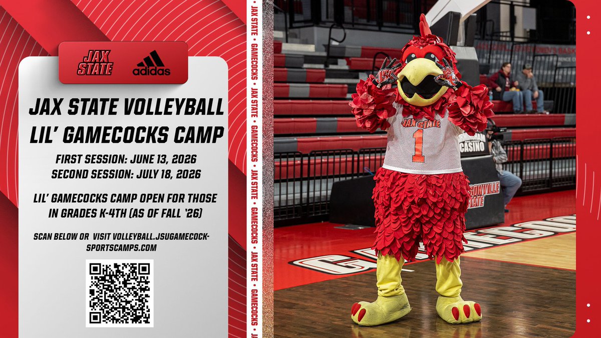 JaxStateVB's tweet photo. Lil' Gamecocks Camp coming soon 🤩

June 13 and July 18 will be Jax State Volleyball's Lil' Gamecocks Camp open for children K-4th! 

Follow the link for more information: https://t.co/FHxXSsF2FL

#StayCocky🐔 | #FearTheBeak👌 https://t.co/cWT8gCveUi