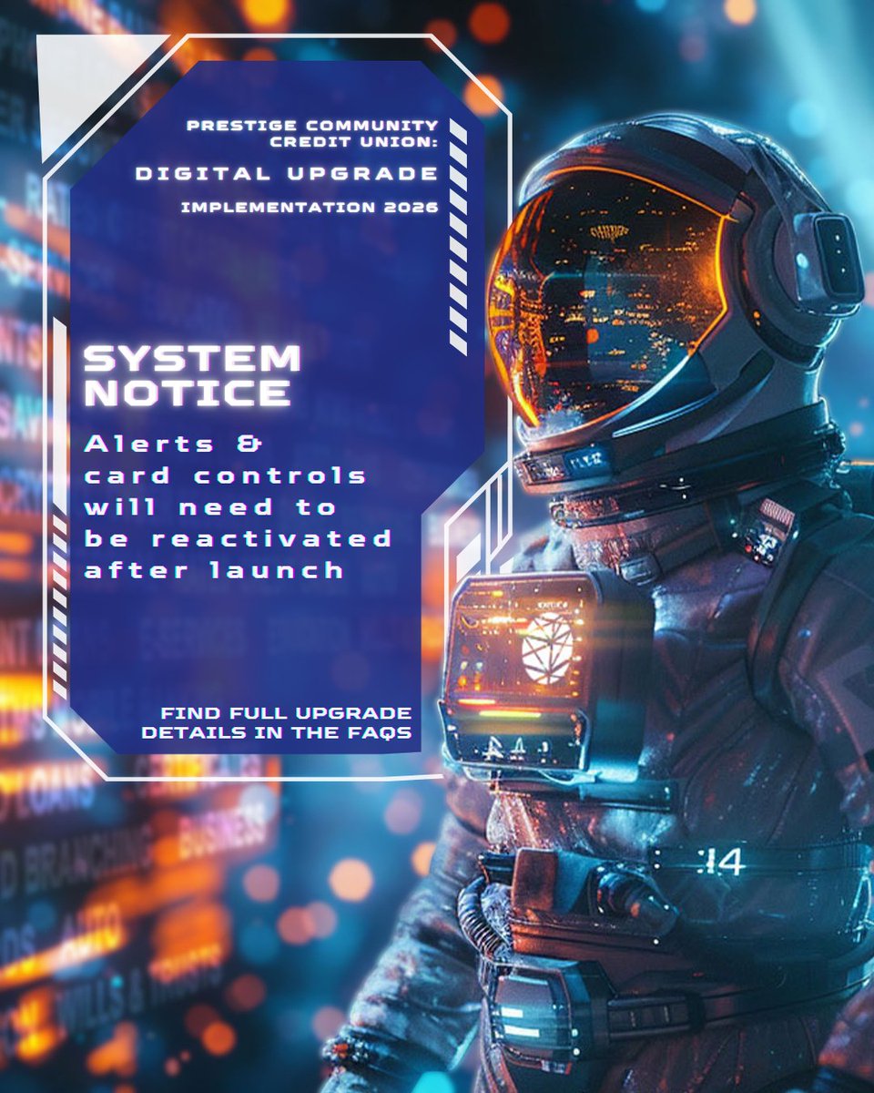 prestigecu's tweet image. As we get closer to the new digital banking upgrade, here's one important thing to know:

Your alerts, notification preferences, and card control settings will not carry over to the new system. 

Once the new platform goes live, you will need to set these up again.

#MemberUpdate