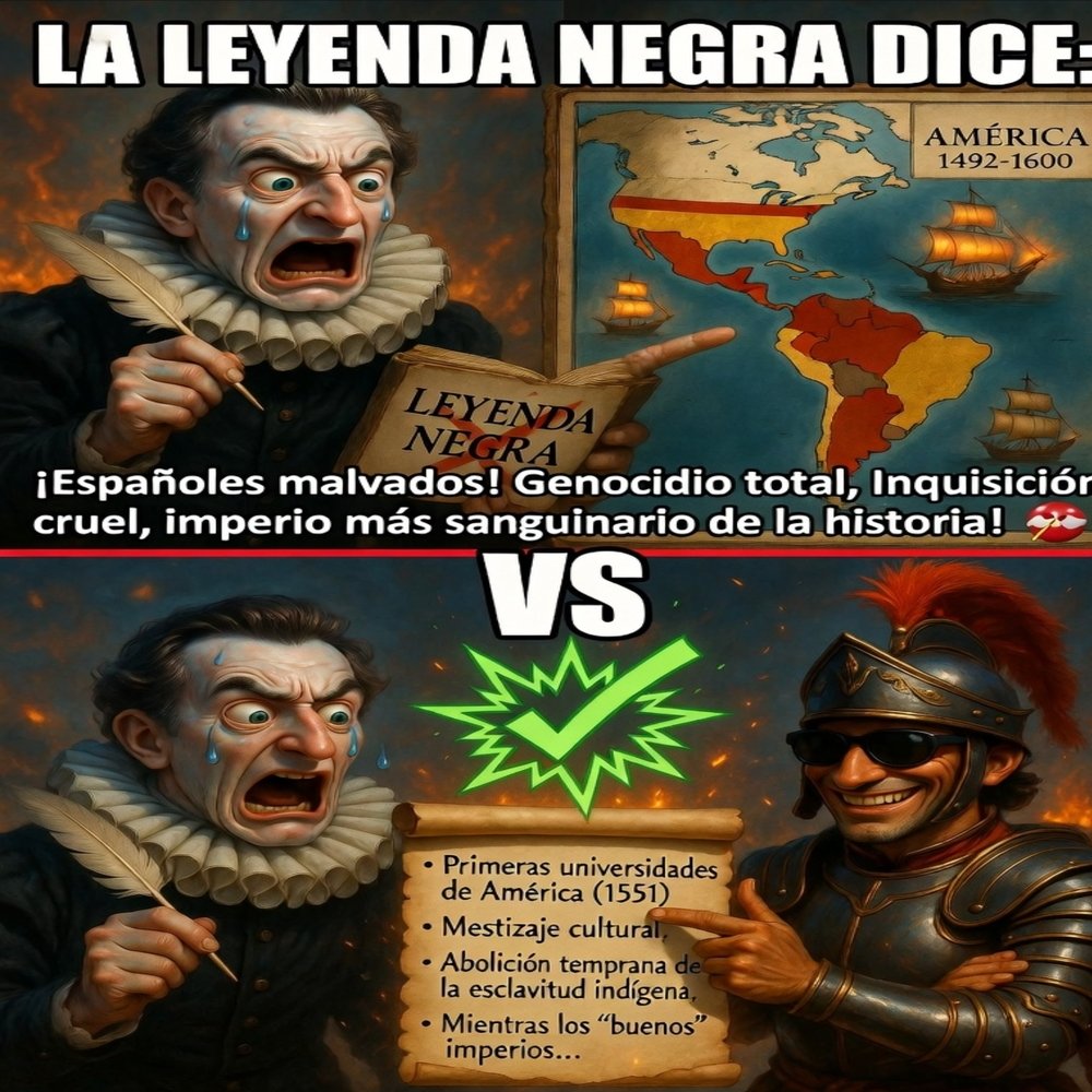 TNT1987a's tweet photo. ¡LA LEYENDA NEGRA ACABADA EN UN MEME 🔥

La propaganda inglesa del siglo XVI vs. la REALIDAD histórica que nadie te cuenta.

“¡Españoles malvados, genocidio total, imperio más sanguinario!” 😱

Mientras los “buenos” imperios masacraban en India, Congo y con guillotinas en Francia…

España creó las primeras universidades de América (1551), impulsó el mestizaje y abolió la esclavitud indígena décadas antes que nadie.

¿Quién te vendió la película? 😂

#BlackLegendDestroyed #EspañaNoEraAsí #HistoriaSinFiltros

(Guarda y comparte )