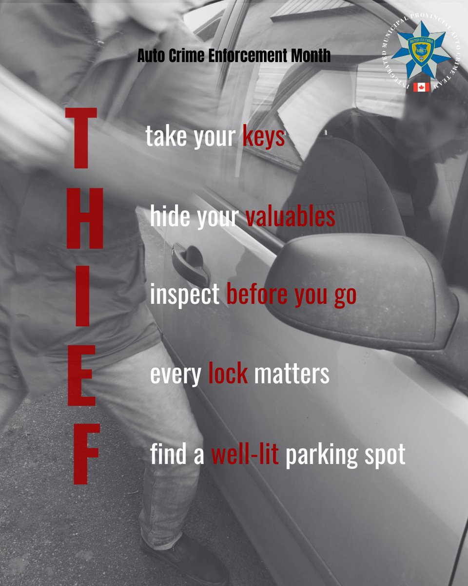 IMPACTautocrime's tweet image. This Auto Crime Enforcement Month, we’re reminding drivers to Think Like a Thief.

Remember THIEF:
Take your keys.
Hide your valuables.
Inspect before you go.
Every lock matters.
Find a well-lit parking spot.

#ThinkLikeAThief #IMPACT #AutoCrimePrevention
