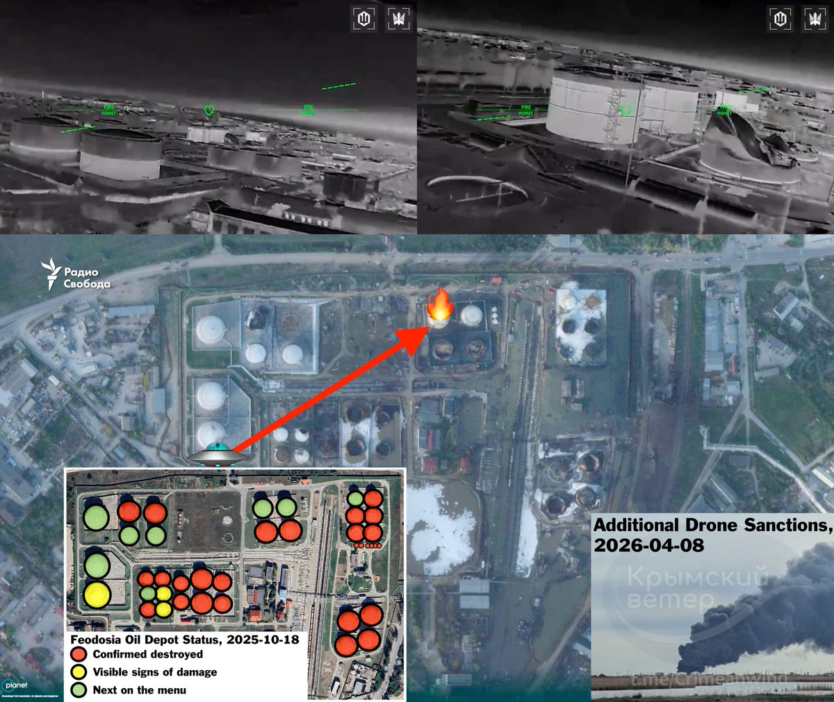 Feodosia oil depot: At least 1 of 11 remaining tanks destroyed.

Thermal cameras show that unknown flying objects 🤫 ignited a full tank, which is still burning.

Also, many remaining tanks are low or empty, meaning real capacity may be less than 10 tanks due to past damage.