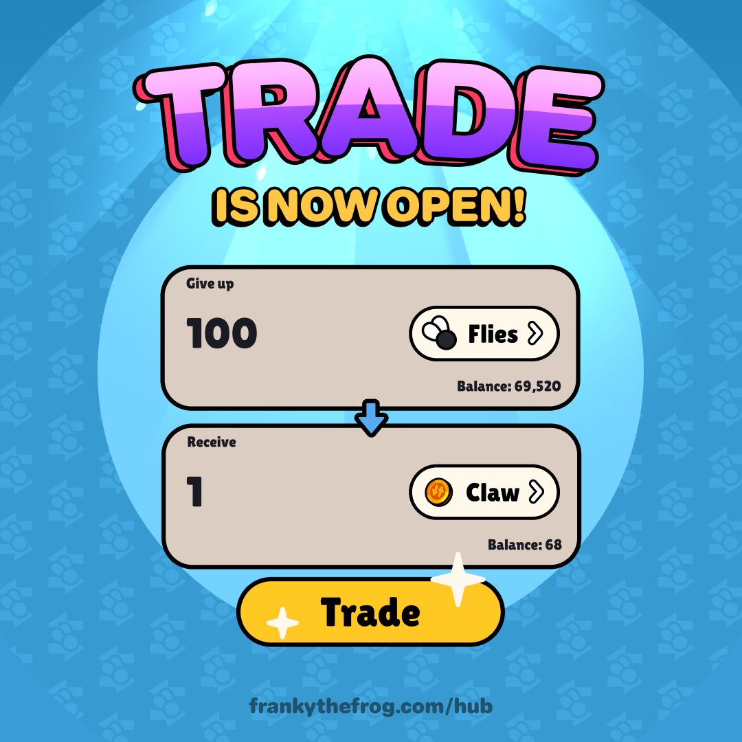 frankythefrog's tweet image. Low on Claw Coins? 🪙

The Trade section is now live in the Hub. Swap flies or ETH for Claw Coins and keep the pulls going.