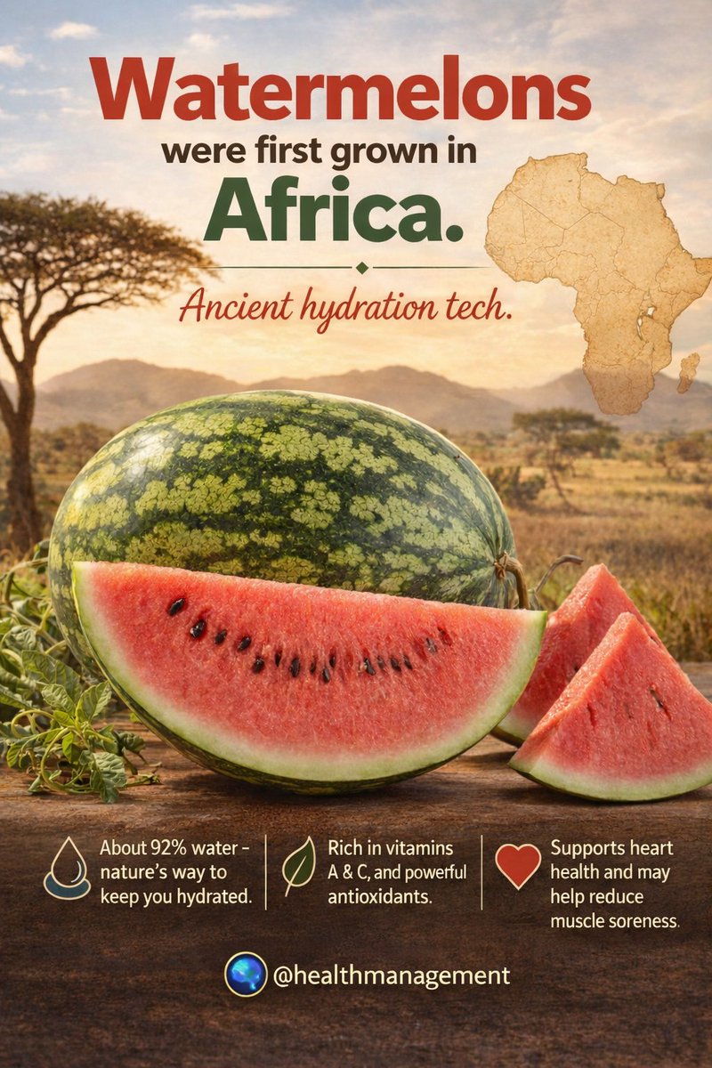 drjacobtips's tweet photo. 🍉🌍 Did you know watermelons trace back to Africa?

This refreshing fruit was first grown in Africa, where it was valued for its high water content—nature’s way of staying hydrated in hot climates.

Ancient hydration, still refreshing today.

#FoodFacts #DidYouKnow #HealthyE https://t.co/r1m4FpNNHw