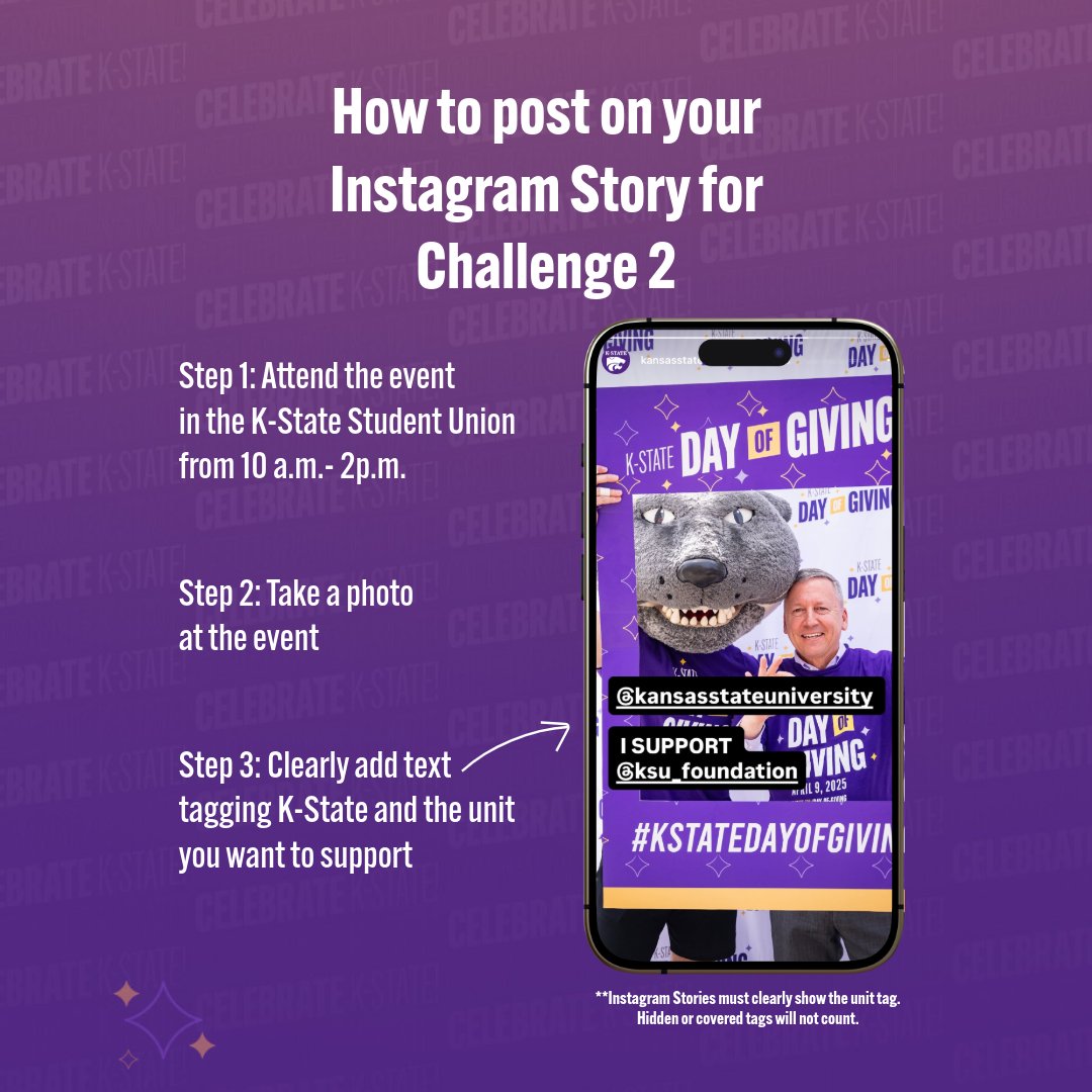 KState's tweet image. Challenge 2! 📸💜

Snap a pic at K-State Day of Giving (at the K-State Student Union from 10 a.m.-2 p.m.) and tag @kansasstateuniversity + the unit you’re supporting to help them win $750 in bonus funds. 

#KStateDayOfGiving #KState