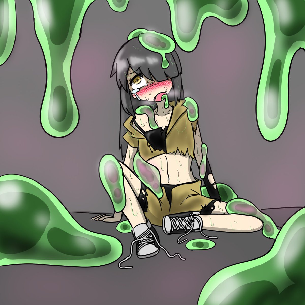 スライムに壁に押し付けられて逃げられないままドレインされる近接型女の子の図 