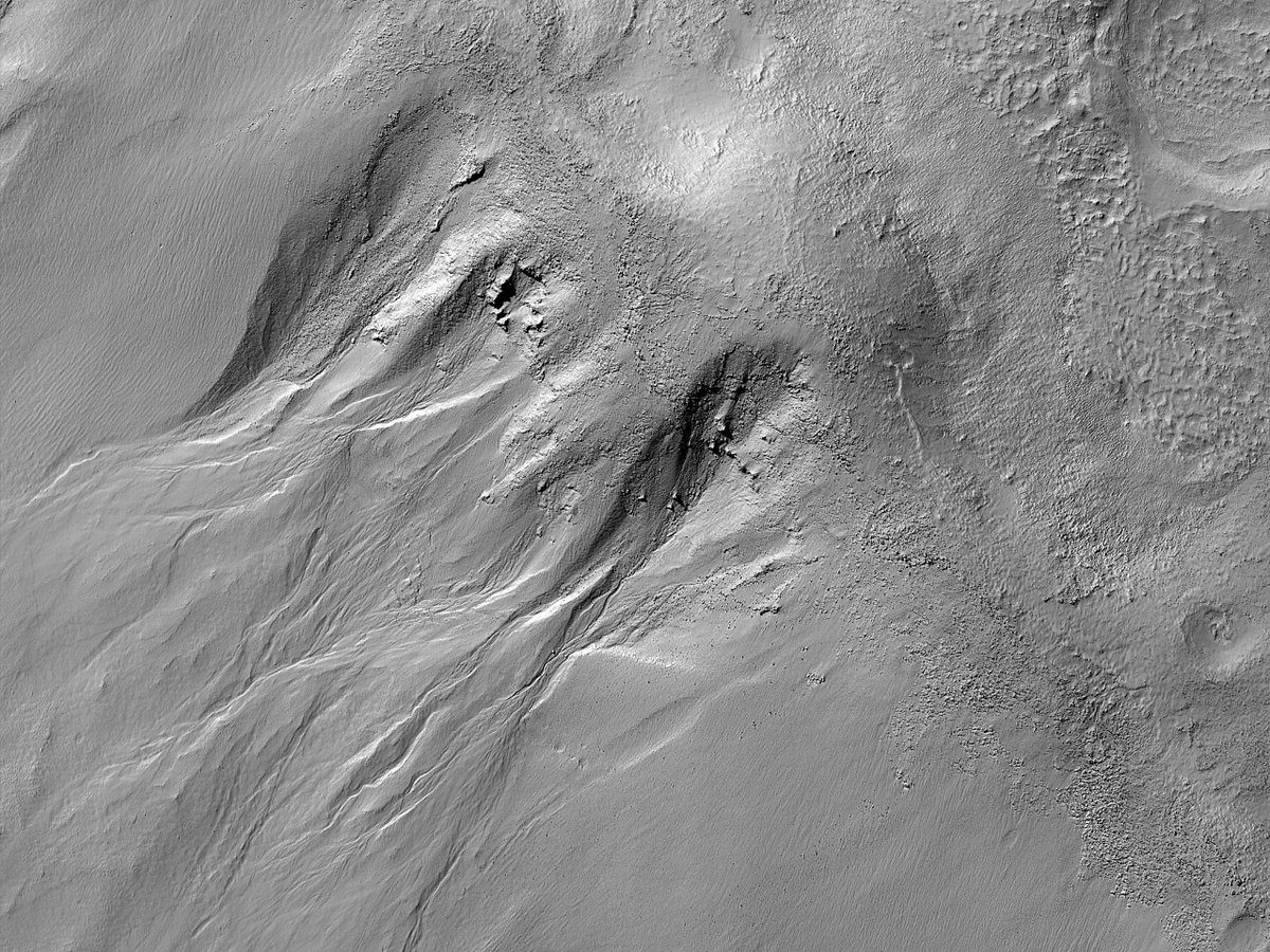 HiRISE's tweet image. HiPOD: Wide Gullies in Terra Cimmeria

Also visible in Context Camera images, the objective of this observation is to examine a group of gullies that are quite wide, but have short channels, on the eastern side of an impact crater. 

uahirise.org/hipod/ESP_0768…
#Mars #science #NASA