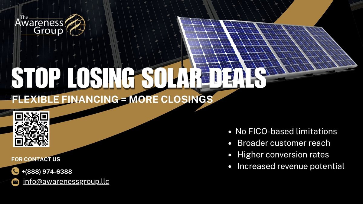 AwarenessGroup1's tweet photo. STOP losing solar deals.

It’s not demand -- it’s approvals.
Credit friction.
Income docs.
Slow funding.
That’s where installs die.

Here’s the edge:
✅ Our PPA is a No FICO / No Income Verification PPA
More approvals.
Faster closes.
Real scale.

#SolarFinance #PPA #SolarDealers https://t.co/NZQ4morb2F