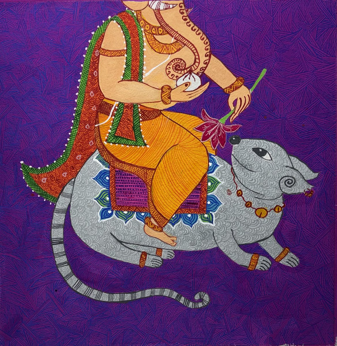 aparnark30's tweet image. Mooshak Maharaj … my first self conceptualised Mohin painting. 😊 

How is it ?

#artists #mohinart #intricate #divineanimals #indianart