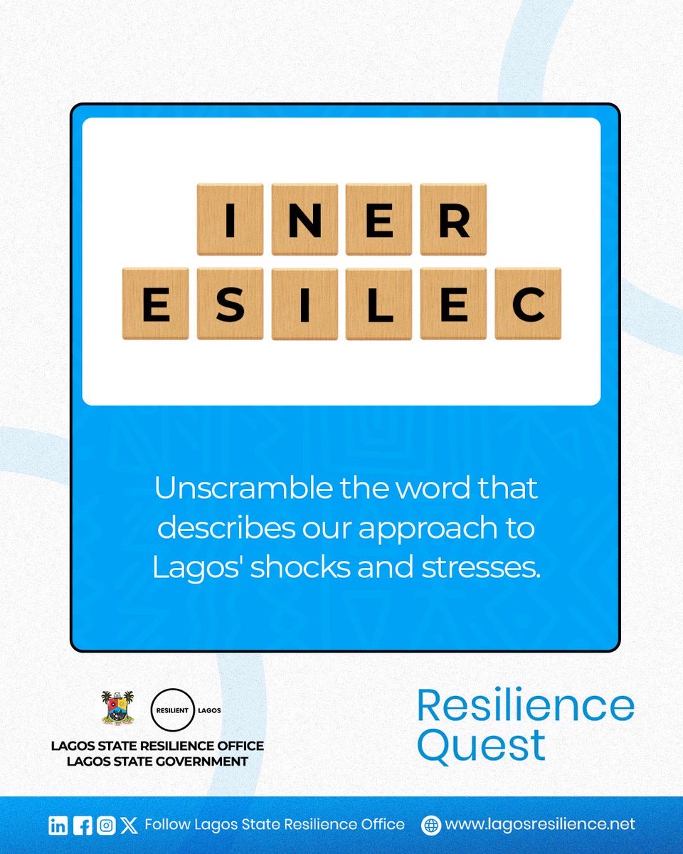 lagosresilience's tweet photo. Easy guess, isn't it? 🧐

If you’re still guessing, here’s a hint: this word describes our ability to survive, adapt, and grow through every challenge, from major disasters to daily struggles.

Drop your answer in the comments! Tag a fellow Lagosian to see if they’ll get it! 🧠💡

Did you get it under 5 seconds? 💙

#LASRO #ResilienceQuest #ResilientLagos