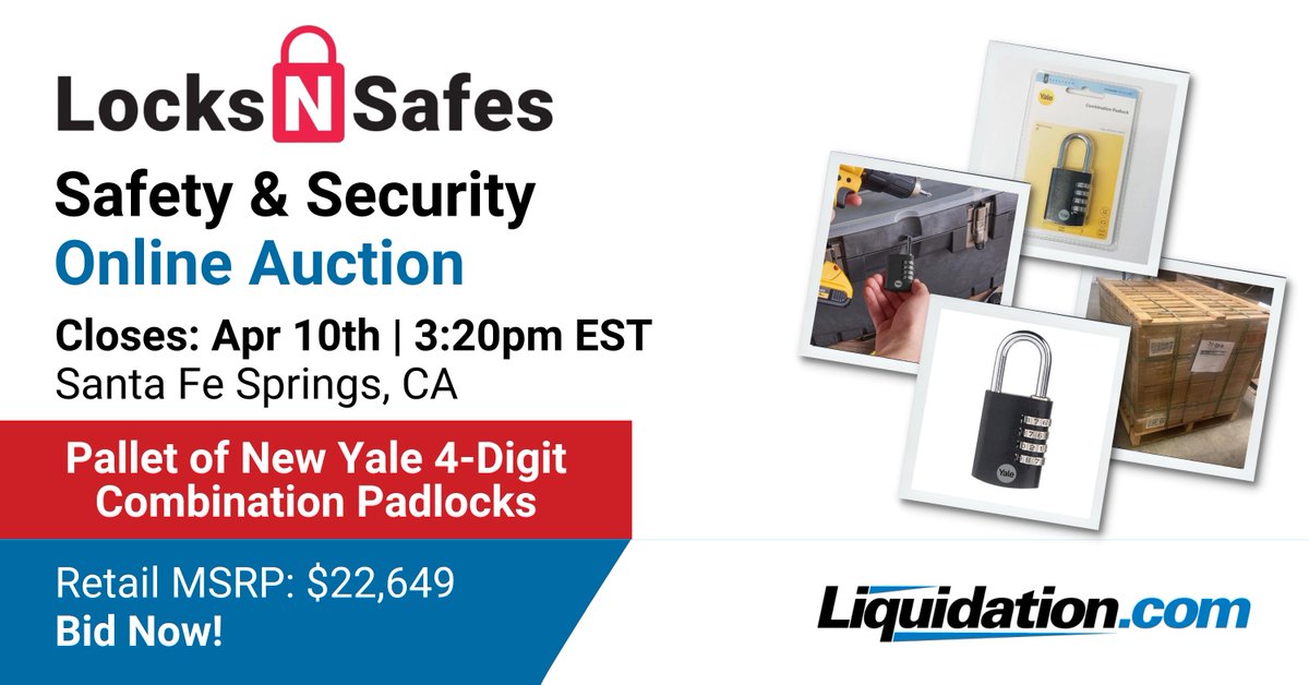 liquidation_com's tweet photo. NEW SELLER! LocksNSafes.
1 Pallet of NEW Yale 4-Digit Combination Padlocks
📦Qty: 1512
💰 MSRP: $22,649
📍 Shipping from: Santa Fe Springs, CA
⏰ Auction closes April 10th.

🔗Click below to view manifest and place your bid.
https://t.co/bfdpSGVxBN https://t.co/mG8a9BtoUK