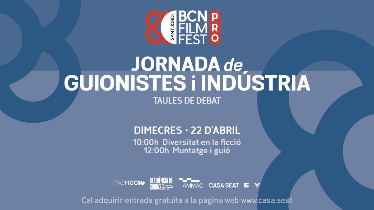 BCNFilmFest's tweet photo. #BCNFilmFestPRO 🎬 ACTIVITAT PARAL·LELA a #CASASEAT 📍
✍️ JORNADA DE GUIONISTES I INDÚSTRIA - Taules de debat
🔹 10h - Diversitat en la ficció: de les històries als equips que les fan possibles
🔹 12h - Muntatge i guió
📆 22 d’abril
🎟️ Entrada gratuïta amb reserva a la web de Casa Seat.