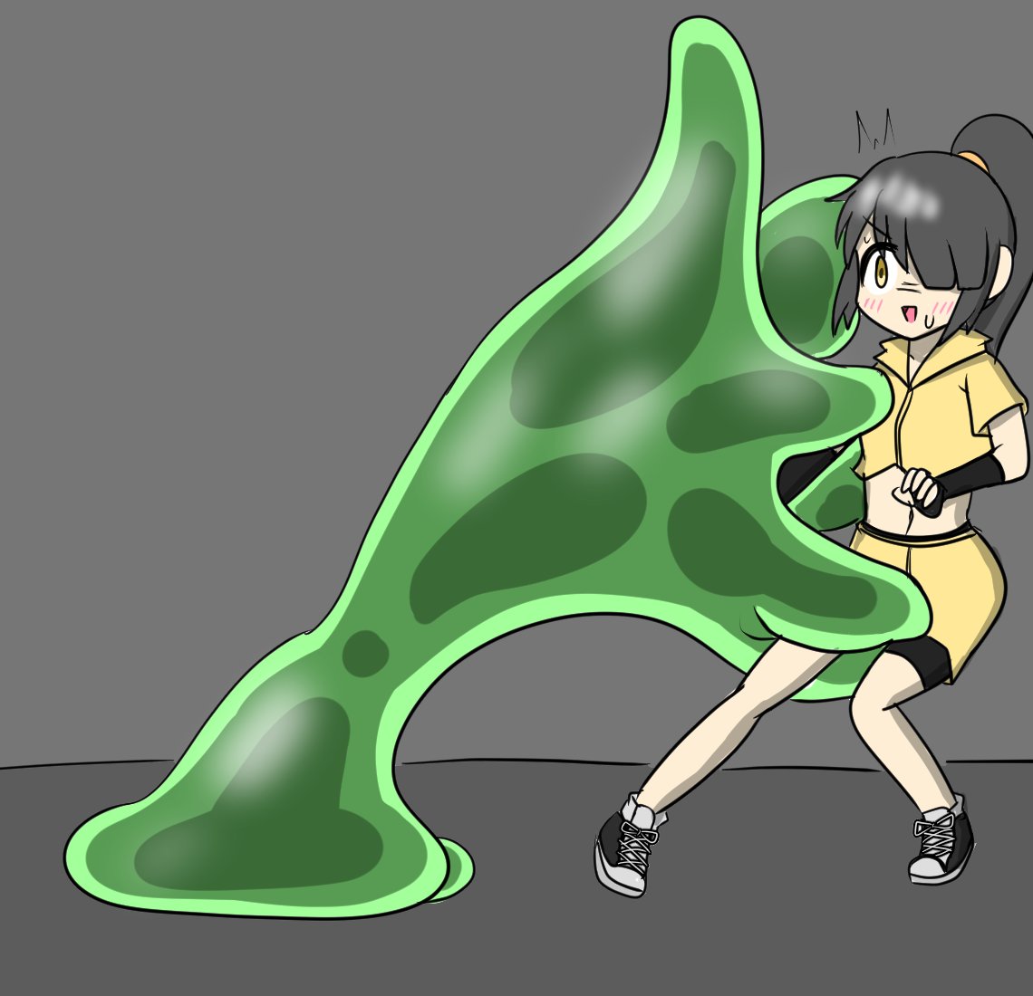 スライムに壁に押し付けられて逃げられないままドレインされる近接型女の子の図 