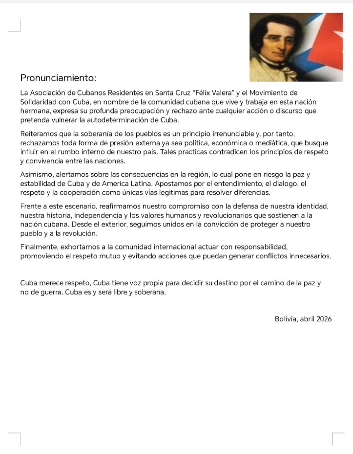 ACURSA_BOLIVIA's tweet photo. Asociación de Cubanos y Cubanas Residentes es Santa Cruz - Bolivia
#VivaCuba
#VivaLaRevolución
#NoALaGuerra
#CubaEstaFirme https://t.co/tYQDsGkAfm