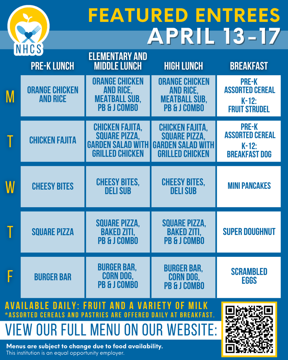nhcsnutrition's tweet image. Lunchtime is even sweeter when shared with friends over a delicious #SchoolLunch. 🥰🍽️

Please see our complete and accessible menus on our website through the link in our bio.

*Menus are subject to change due to food availability. Thank you for your patience and understanding!