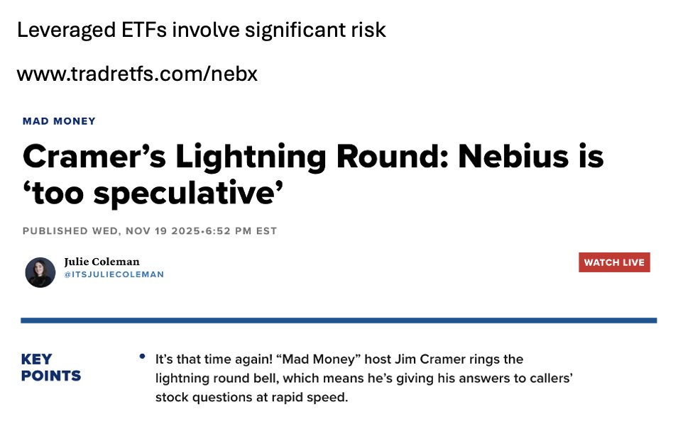 Not even Jim Cramer can stop Nebius $NBIS, which is now up 30% since Cramer warned that it was "too speculative" back in November 🚨 If you want an Inverse Cramer play and magnified exposure, consider the Tradr 2X Long NBIS Daily ETF $NEBX from <a href="/TradrETFs/">Tradr ETFs</a>