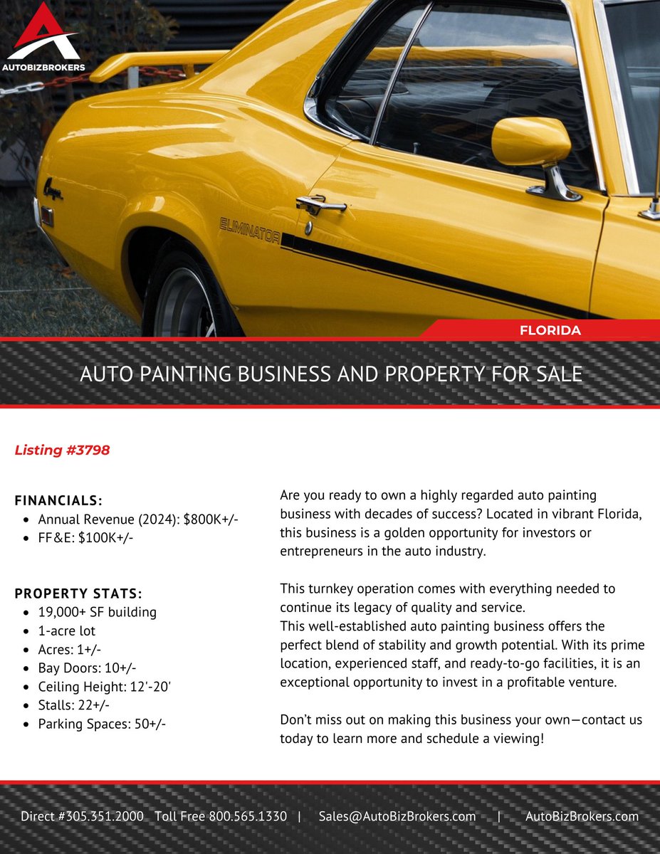 AutoBizBrokers's tweet photo. Auto Painting Business and Property for Sale 
Florida
$2.5M

For more information call 770-885-0000 or
Visit us online at https://t.co/GogaBZuccr https://t.co/FrdqWwZpdP