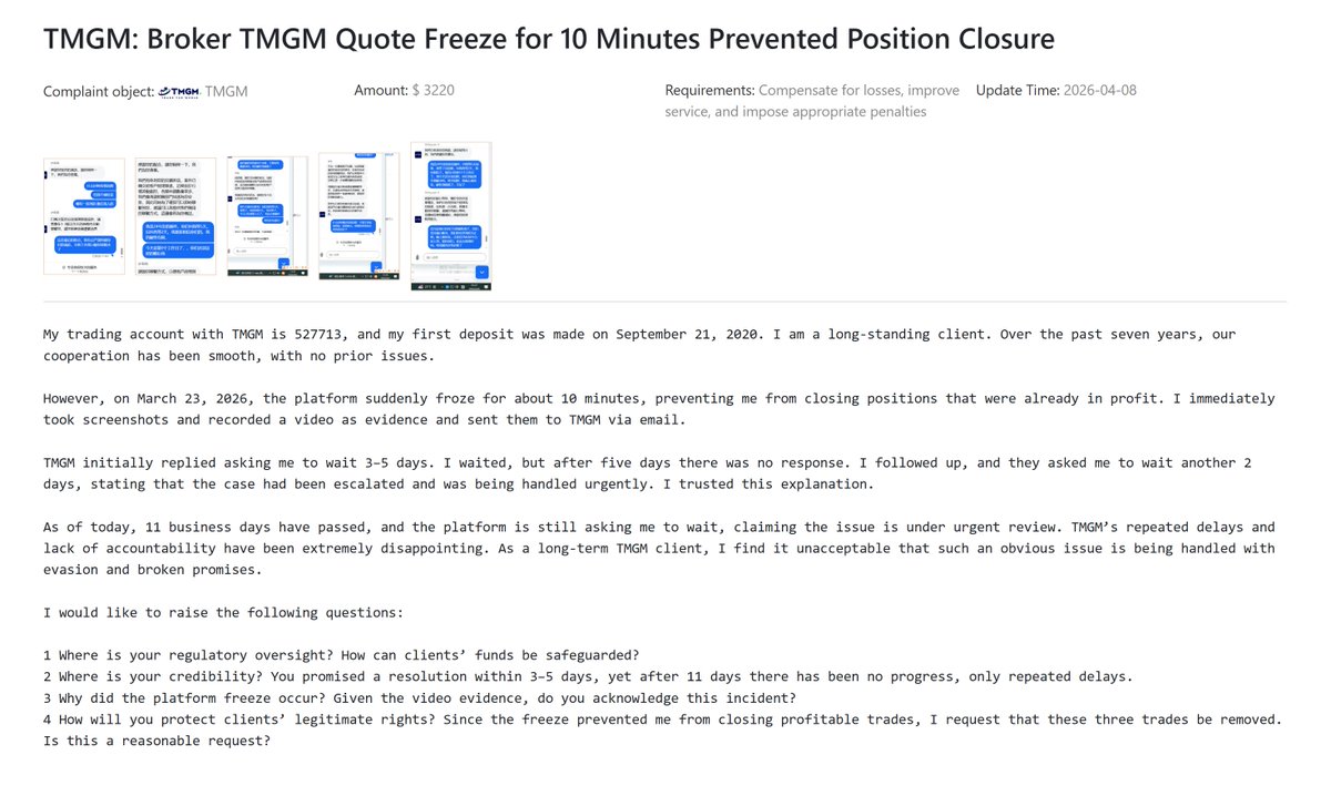 FX911_Official's tweet photo. We have received a complaint from the client of broker TMGM:(TMGM: Broker TMGM Quote Freeze for 10 Minutes Prevented Position Closure) Link:https://t.co/jpySc3MGTr https://t.co/R13gkzz0vn