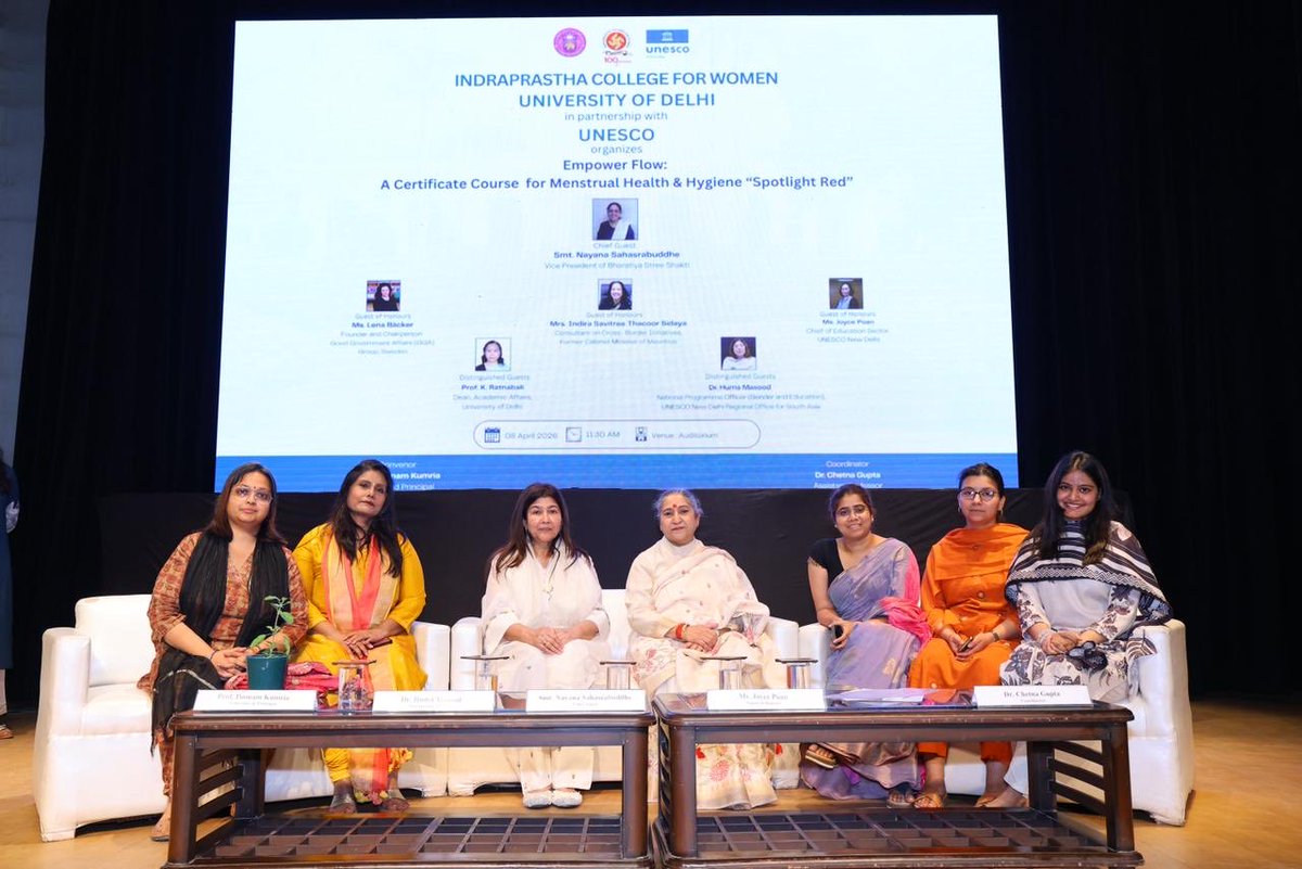 RBakshee's tweet photo. Wonderful to see young students packed with zeal at the launch of certificate course on menstrual #health and #hygiene -Spotlight Red at IndraprasthaCollege For Women ,DU .#UNESCO has initiated the campaign #EmpowerFlow to bring more awareness on menstrual hygiene . https://t.co/auA0FErMsG