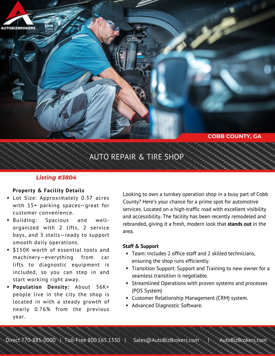 AutoBizBrokers's tweet photo. Auto Repair Business for Sale 
Cobb County, Georgia
$300,000

For more information call 770-885-0000 or
Visit us online at https://t.co/GogaBZuccr https://t.co/MW1IfUbq1a