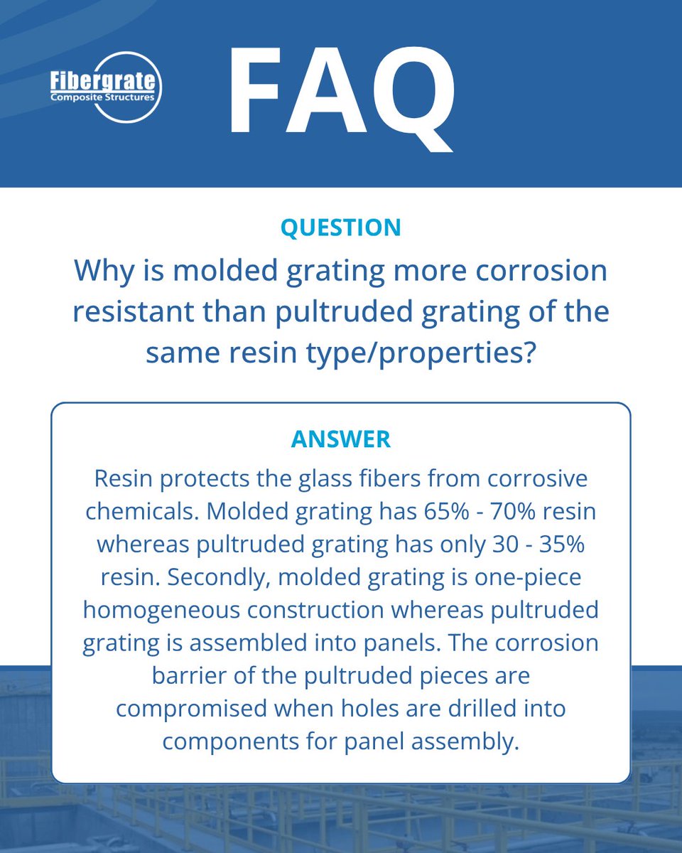 Fibergrate's tweet image. Not all grating is created equal, even when using the same resin system. When your project demands maximum longevity in caustic environments, understanding the structural composition of your FRP is critical.

#StructuralEngineering #FRP #CorrosionResistance #IndustrialDesign