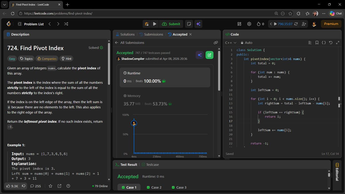 AnchalGupta009's tweet image. Day 165: Find Pivot Index ⚖️
Calculate total sum
Balance left and right sums
One pass solution did the job ⚡
#LeetCode #Array #PrefixSum #DSA