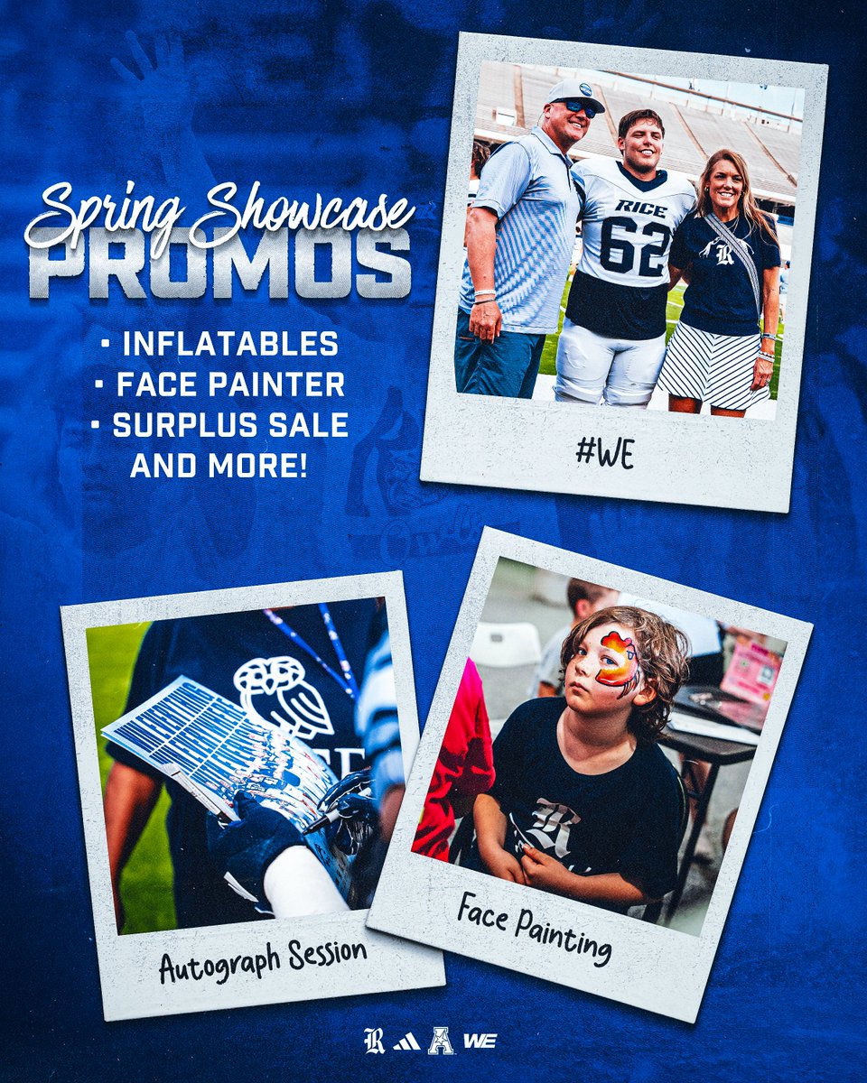 RiceFootball's tweet image. There is plenty to do at Friday's Spring Showcase while you get a sneak peek at our 2026 team!

Don't miss out! Admission is FREE and doors to Rice Stadium open at 5:30 PM.

#WE