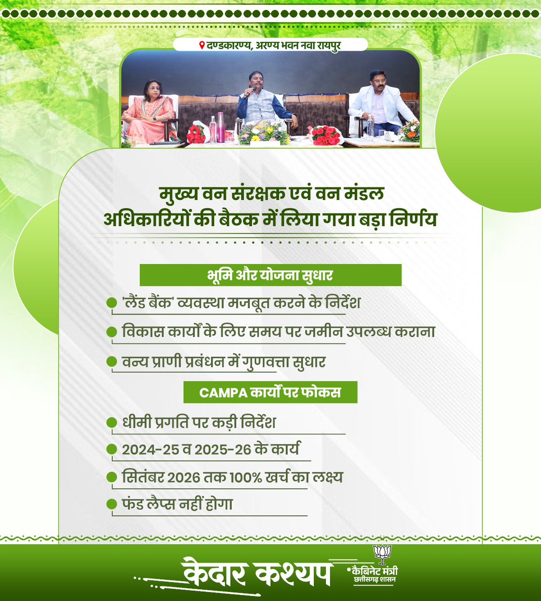 KedarKashyapBJP's tweet image. मुख्य वन संरक्षक एवं वन मंडल अधिकारियों की बैठक में लिया गया बड़ा निर्णय
#संवर_रहा_छत्तीसगढ़ #BJP4IND #BJP4CGState

@narendramodi @AmitShah @NitinNabin @vishnudsai @BJP4India @BJP4CGState