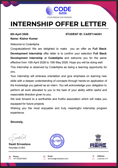 KishorK5363784's tweet photo. 🎉 Got selected as a Full Stack Development Intern @ CodeAlpha!
Starting 10 May 2026 🚀
Let’s build, learn &amp; grow 💻🔥
@0xAsharib @faqeha48385  @alijawwad1995 

#Internship #FullStack #WebDev #CodeAlpha #giaic #python https://t.co/KvTLO9soVn
