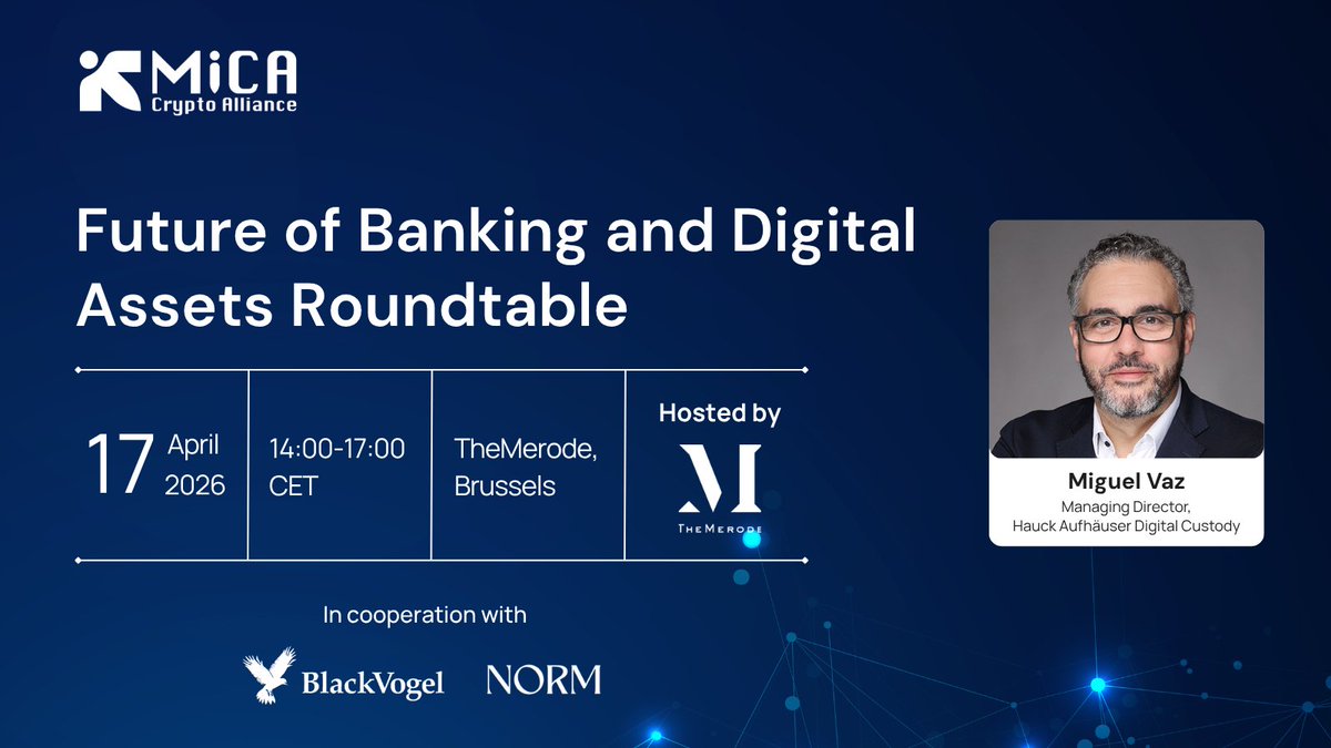 MiCA_Alliance's tweet photo. 🏦 Many financial institutions report being ready for MiCA. But what does “ready” actually mean in practice?

As part of the Future of Banking & Digital Assets roundtable, one of the discussions will focus on the gap between perceived readiness and operational reality.

We are pleased to welcome Miguel Vaz, Managing Director at Hauck Aufhäuser Digital Custody, as a panellist for this session:

“We All Said We're Ready for MiCA… But Are We Really?”

Miguel will contribute a custody-specific perspective on operational readiness.

If your institution would like to be considered for the closed-door discussion and presentation of the report findings, you may still register your interest.

🔗 Register here (subject to approval): https://t.co/3Tn8UWBrSS

#MiCA #CryptoCompliance #DigitalAssets #Banking #CASP