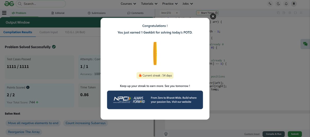RahulPooj2003's tweet photo. DAY 54 of #geekstreak60 and #npci
The Streak Continues 🎉 

It was two pointer problem and also made easy to solve this by using pattern based on 0's and 1's 🔥🤩

@geeksforgeeks 
@NPCI_NPCI 
#geekstreak2026
#CodingChallenge
#DAY54 https://t.co/U1Zn3CDxvZ