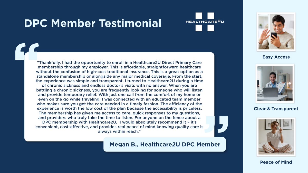 Healthc2U's tweet photo. Unlimited care at your fingertips, with no lengthy waits! 💙 One member expressed it perfectly: "Joining Healthcare2U Direct Primary Care through my employer transformed everything." Enjoy simple, affordable healthcare when you need it most. 🙌 Discover more here: https://t.co/Vy0qYKSgfL #DirectPrimaryCare #HealthcareSimplified #AffordableCare #ChronicCare #HealthcareAccess