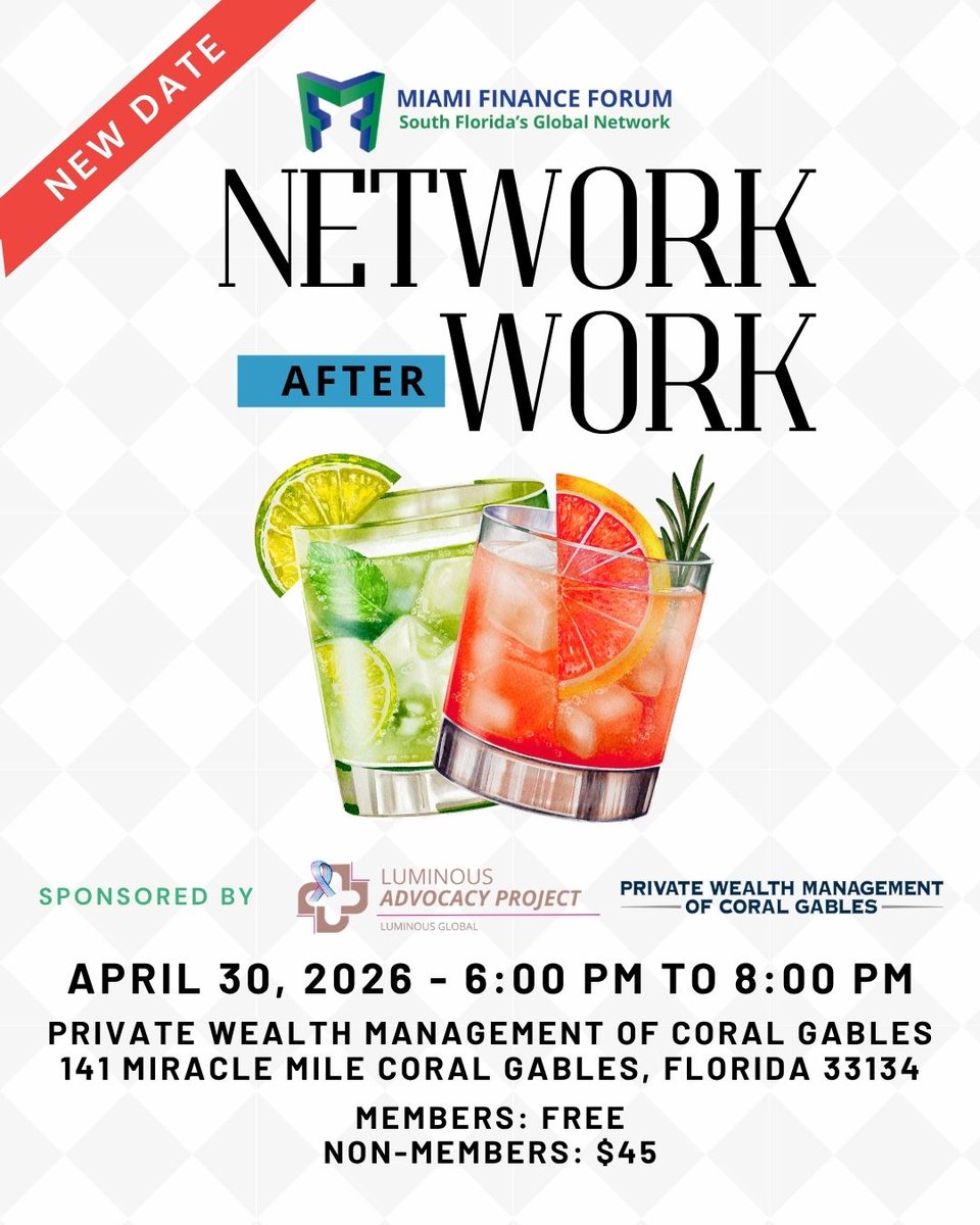 Join South Florida's Professional Inner Circle

When: April 30, 2026
Time: 6:00 PM - 8:00 PM
Location: Private Wealth Management of Coral Gables 

RSVP: mff.wildapricot.org/event-6451020

#MiamiFinanceForum #SouthFloridaFinance #NetworkingEvent #InvestmentProfessionals