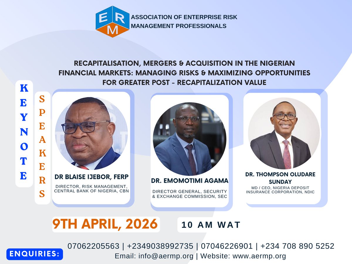 AERMP's tweet photo. ARE WE READY???
ONE  DAY TO GO!!!

Kindly register using the link below:
https://t.co/MuKo6NUchO

Date: 9 April 2026

“Recapitalisation, Mergers &amp; Acquisition in the Nigerian Financial System; Minimising Risks &amp; Maximising Opportunities for Greater Post-Recapitalisation Value! https://t.co/UfFzFvzd0a