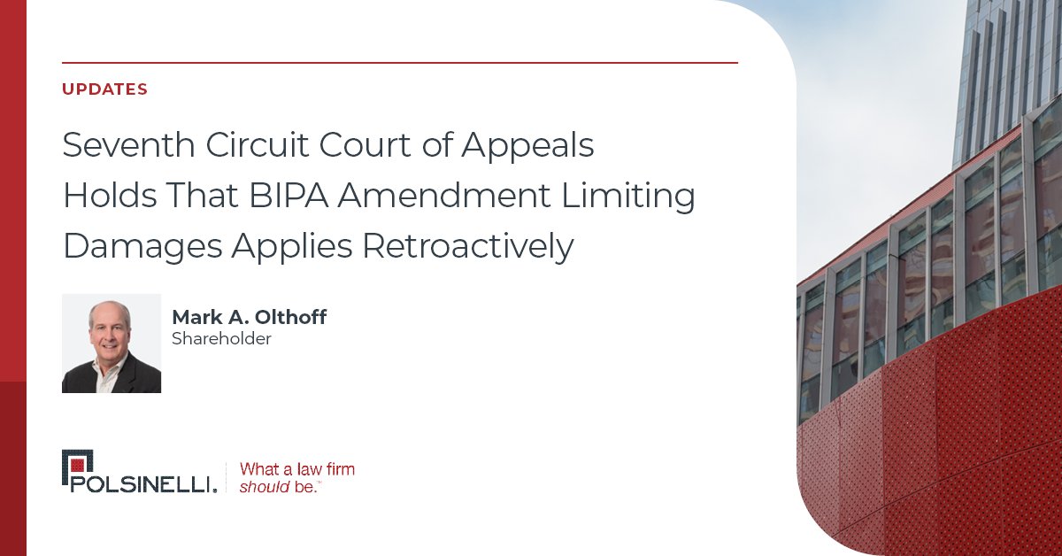 Polsinelli's tweet photo. The Seventh Circuit has issued a ruling for businesses facing #BIPA claims, holding that the 2024 amendment capping statutory damages applies retroactively to pending cases. Read more on what this means for pending &amp;future #BIPAlitigation: https://t.co/GbPkEAhk7A. https://t.co/6C9PhpgHsp