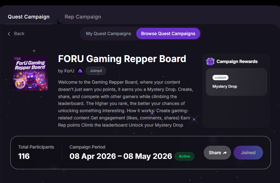 Hey ForUNation 🟣

The Gaming ForU Repper Board is now live.
30 days.

One competitive leaderboard.
Built for serious gaming creators. 🎮

<a href="/4uaicrypto/">ForU AI | ฅ^◡ ⩊ ◡^ฅ</a>