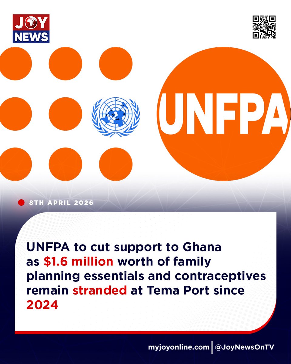 Joy997FM's tweet image. UNFPA to cut support to Ghana as $1.6 million worth of family planning essentials and contraceptives remain stranded at Tema Port since 2024

#JoyNews #Viral #Explorepage #Ghana #JoyFM #GhanaNews #Ghana #NewsUpdate #Africa #GhPolitics #News #AfricaNews #CurrentAffairs #vlog