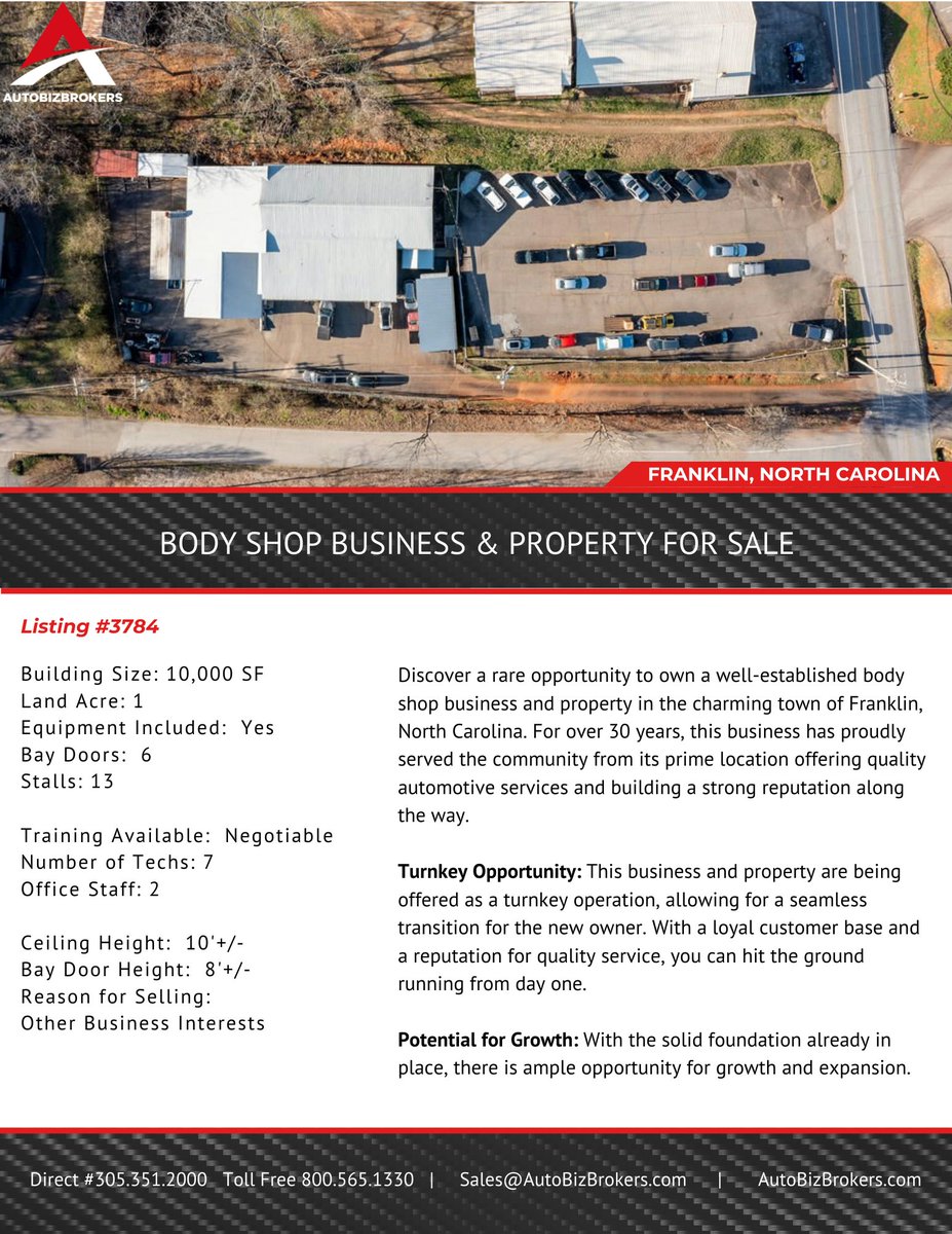 AutoBizBrokers's tweet photo. Body Shop Business &amp; Property for Sale
Franklin, North Carolina
$1.45M

For more information call 770-885-0000 or
Visit us online at https://t.co/GogaBZtEmT https://t.co/9yTeuncOPB