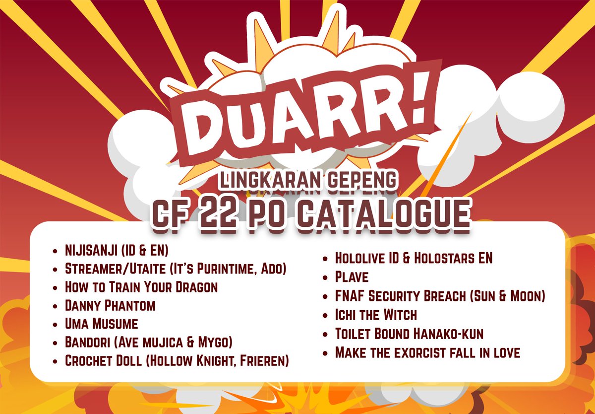 ♥️&amp; 🔁 are appreciated!

DUARR!! #CF22 PO is now open! 

❗️Close 15 April
🗓️ Both day, Pick up only
🔗On reply

⭐️ Niji ID &amp; EN, Holo ID &amp; Stars EN, Indie Streamer, Plave, Ichi the Witch, Uma Musume, Bandori, MTEFIL TBHK, HTTYD, Danny Phantom, FNAF SB, Amigurumi  #cf22catalogue
