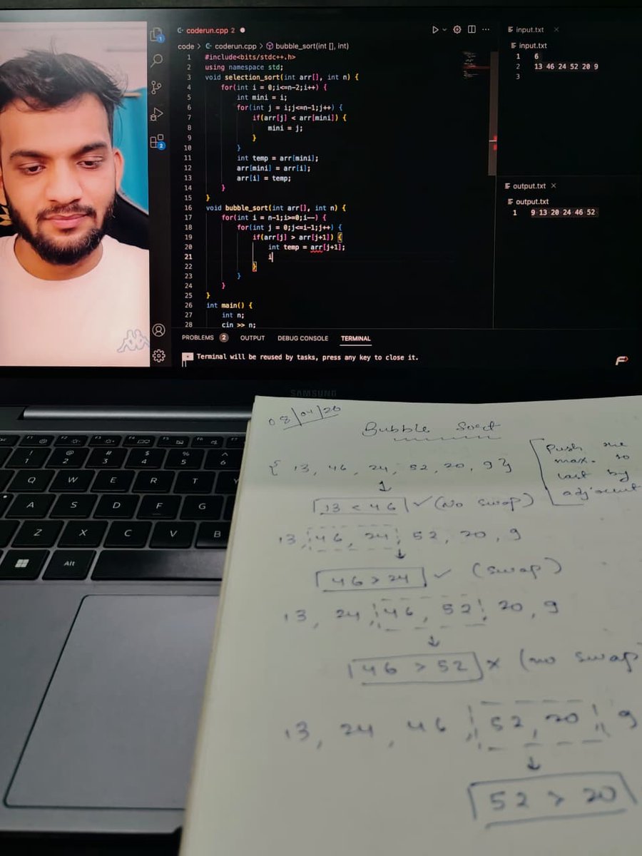PriyanshuK98498's tweet photo. Day 03: Sorting - understanding Bubble sorting.  Learning and revising with✍️
@striver_79

Consistency > Motivation 📷

#DailyCoding #DSA #100DaysOfCode #StriverDSASheet #ProblemSolving #ProgrammerLife #TechTwitter #Consistency https://t.co/ufWGKxLv7h