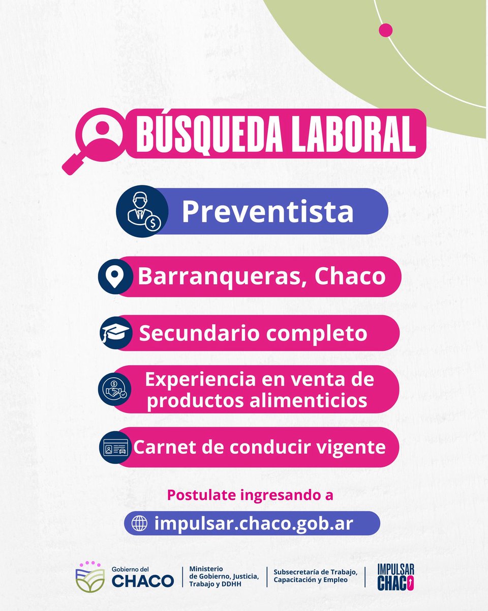 impulsarchaco's tweet photo. 🔎 Búsqueda laboral – Preventista
📍 Barranqueras, Chaco

Buscamos perfiles con experiencia en ventas de productos alimenticios, secundario completo y carnet de conducir vigente.

💼 Trabajo en terreno, captación y atención de clientes.

📲 Postulate en: https://t.co/Ih6wlaYgnd https://t.co/iryljjFvSG