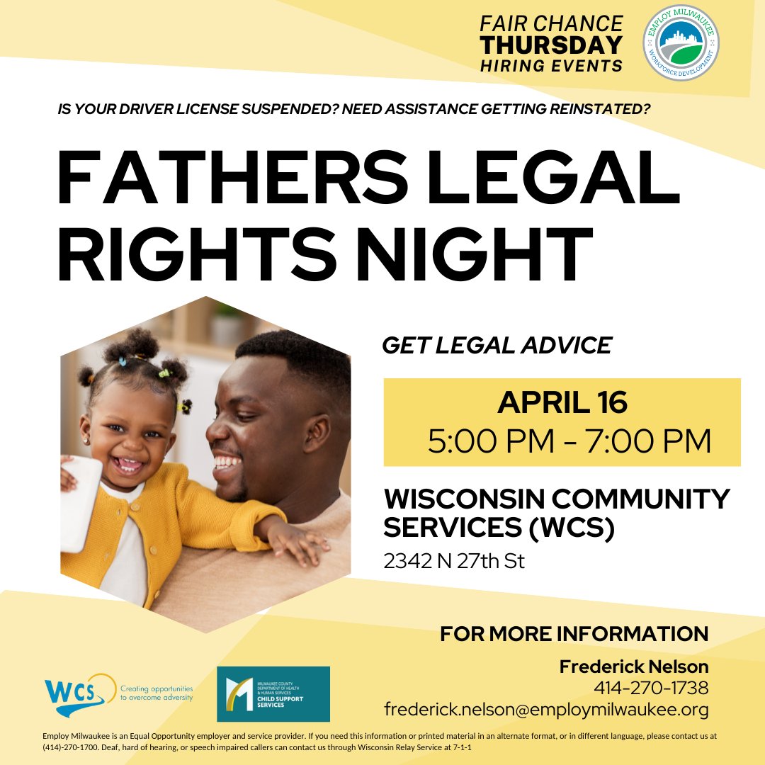 EmployMilwaukee's tweet image. Join us April 16 for Fathers Legal Rights Night! Register here: 🔗ow.ly/jAhZ50XWpsj #milwaukee #fathers #legalrights #resources