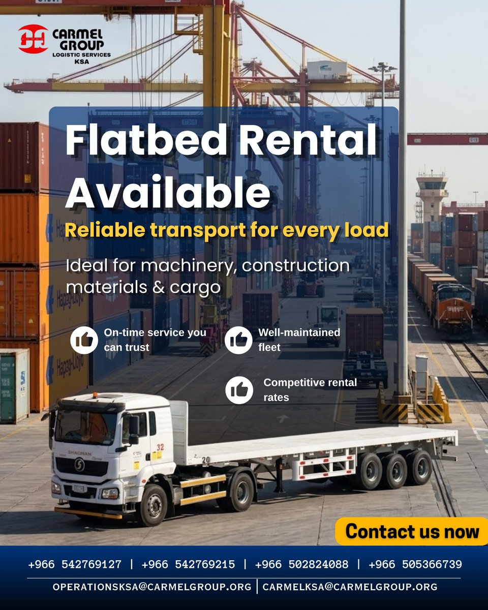 services95671's tweet image. 🚛 Flatbed Truck Rental – Reliable Transport for Every Load
📞 +966 542769127  |+966 542769215 | 
📧 operationsksa@carmelgroup.org
#FlatbedRental #TruckRentalKSA #LogisticsServices #HeavyTransport #CargoTransport #TransportSolutions #ConstructionSupport #ReliableService