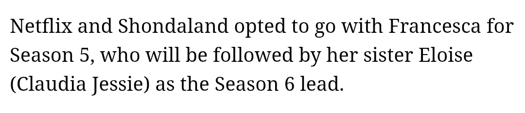 "que será seguida por sua irmã Eloise (Claudia Jessie) como protagonista da 6ª temporada." 

Dêem uma subtrama de trocas de cartas para ela na s5 🙏🤧