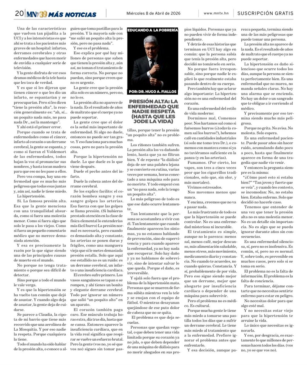 Hoy en #EducandoALaPobrería en <a href="/masntvhn/">Más Noticias Televisión HN</a> hablamos de una enfermedad que mata más que el cancer, y nadie le para bola, en eso consiste su éxito. Hablemos de la presión alta. Antes que sea demasiado tarde.
educandoalapobreria.blogspot.com/2026/04/presio…